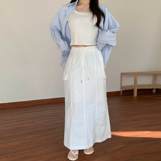 쏘옷 여성용 꾸안꾸 스트링 나일론 카고 롱 스커트