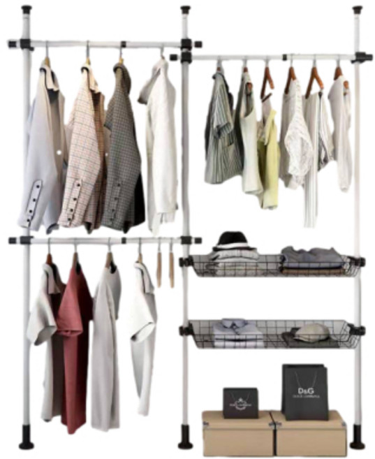 OKAWA 頂天立地帶二收納晾衣架 置物架 開放式衣櫃, 3層+2籃(白桿)