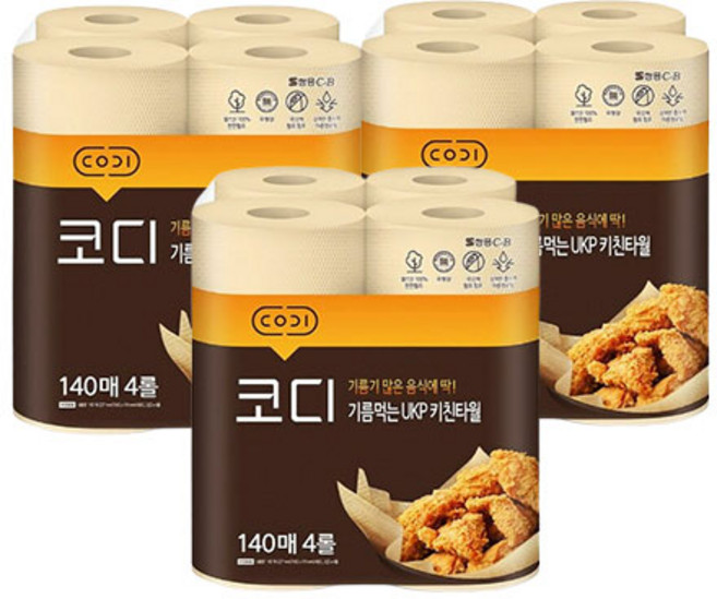코디 기름먹는 무표백 UKP 키친타월 140매 4롤 X 3팩, 3개