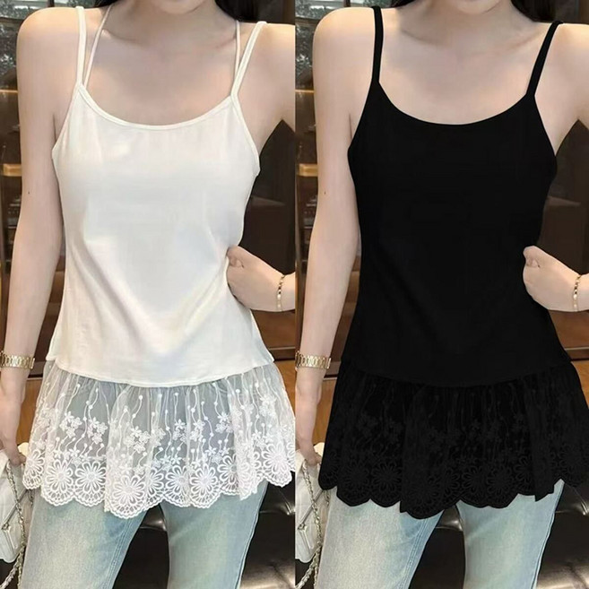 메인워크 1+1 여성 빅사이즈 나시 티셔츠 여름용 냉장고 솔리드 레이스패치 이너웨어 데일리 루즈핏 패션 민소매 티셔츠 2매입