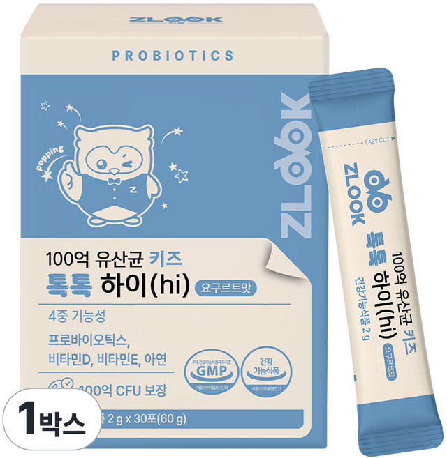 [런칭 특가] 지룩 100억 유산균 키즈 톡톡하이 (hi) 30포 요구르트맛 어린이 프리미엄 팝핑 유산균 아연 프로바이오틱스 포스파티딜세린 함유, 1개, 60g