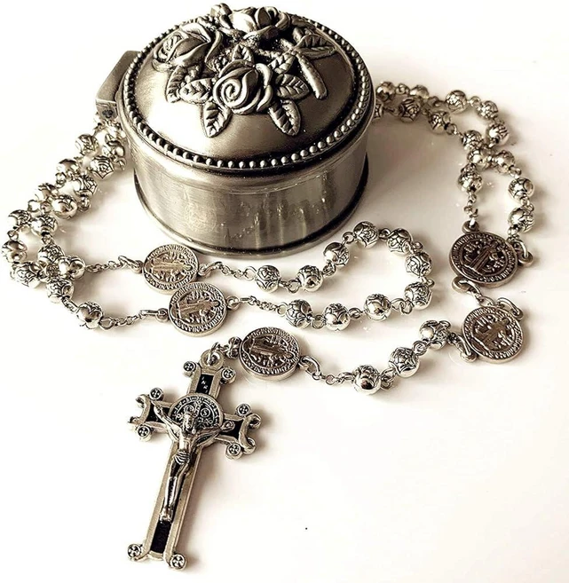 Elegantmedical 수제 실버 로즈 비즈 성 베네딕트 선물 묵주 가톨릭 목걸이 십자가 예루살렘, Elegantmedical 수제 실버 로즈 비즈 성 베 - 쿠팡