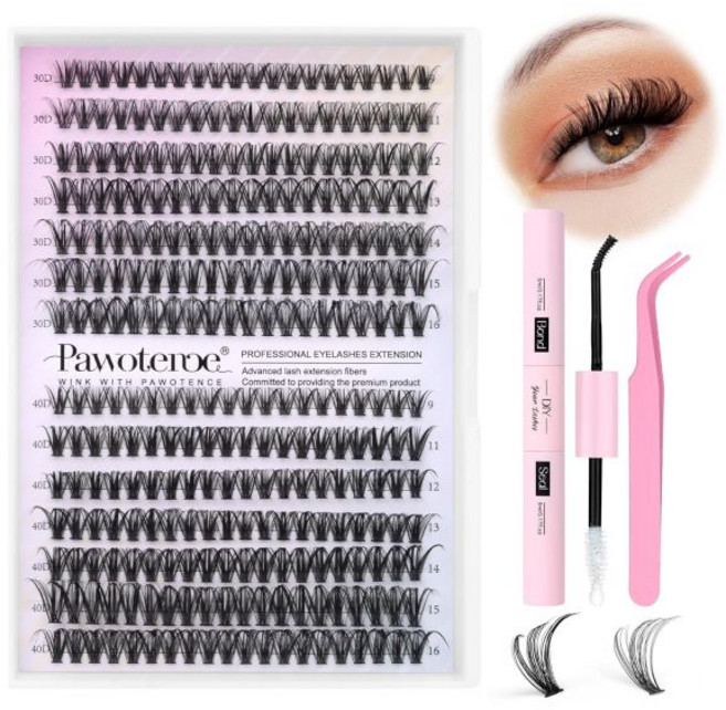 Pawotence 속눈썹 연장 키트 DIY 280pcs 클러스터 키트 9 16mm 30D 40D 개별 및 씰 자체 사용용 핀셋(30D 40D 0 07D 9 16mm 키트), 30D&40D KIT, 1개