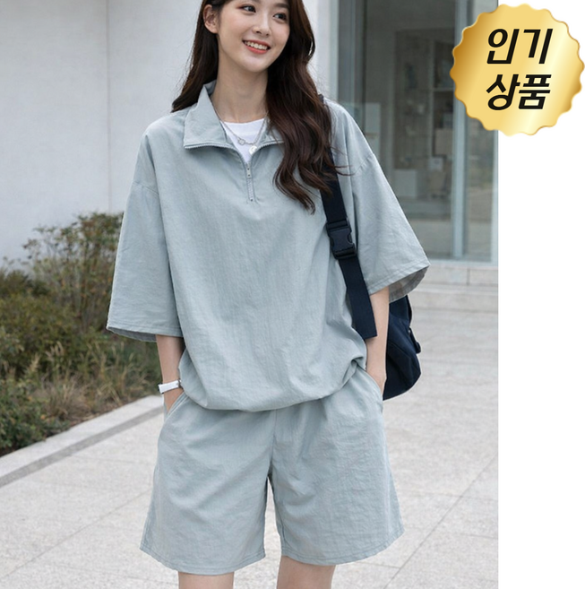 에쉬울프 여성 여름 바스락 반집업 아노락 반팔 밴딩 반바지 트레이닝복 세트 투피스 데일리 셋업