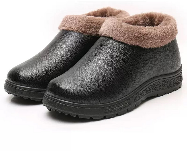 BLTER 여성 가죽 발수방한 겨울 털신발 미끄럼방지 슬립온 엄마 털신발 할머니 발편한 단화 기모 털 따뜻한 겨울 여성신발 BLA1