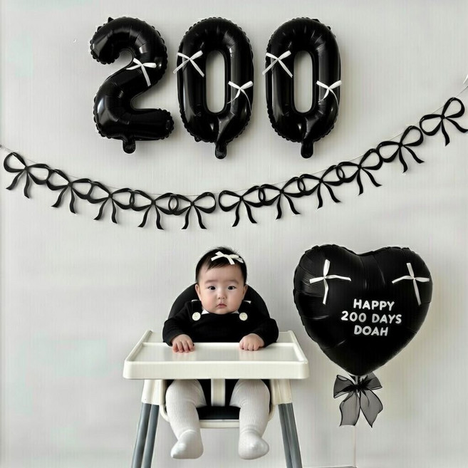 히얼투파티 아기 200일 셀프 촬영 소품 50일 100일 300일 500일 1000일, 1세트, 03.리본기념일_블랙_200일