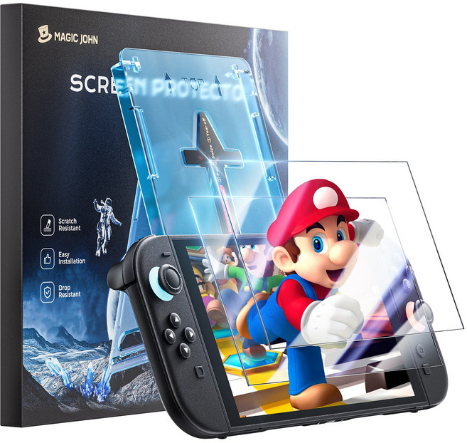 MAGIC JOHN 매직존 닌텐도 스위치2 액정보호필름 2매입 고화질 강화유리 지문방지 먼지제거 풀커버+부착키트, 1세트, 투명, 스위치 2 , 2매입