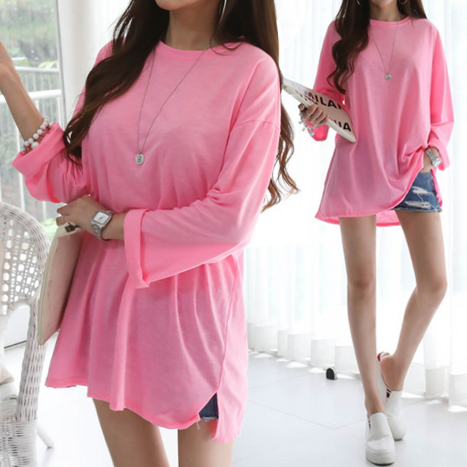 여성용 빅사이즈 오버핏 롱티 긴팔 데일리룩 박스티 루즈핏 라운드 형광 슬라브 트임롱티