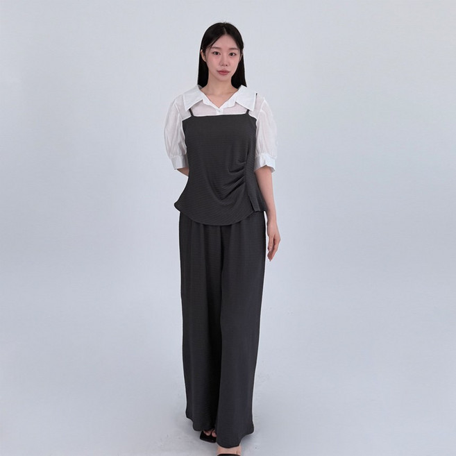 베일 셔링 뷔스티에 셔츠 블라우스 밴딩 와이드 팬츠 세트