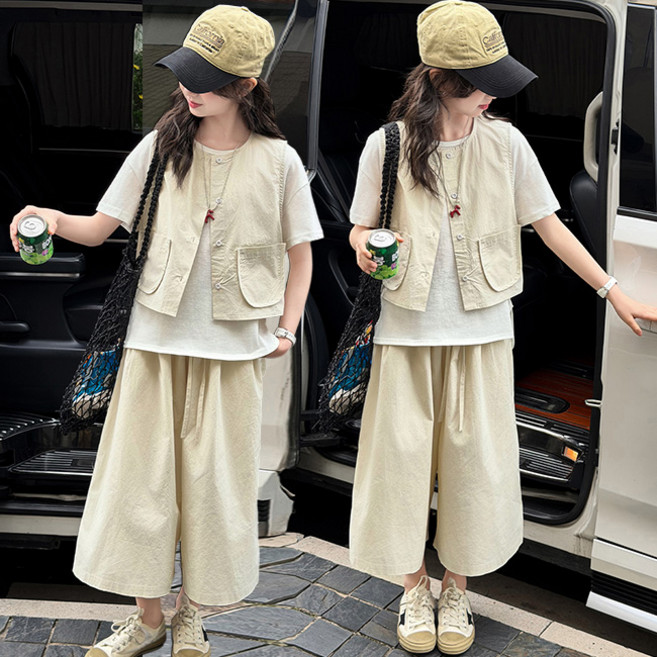 비비키드 여아 여름 쓰리피스 캐주얼 주머니 포인트 조끼 상의 초중생 하의 주니어 반팔티 와이드 긴바지 초등생 상의+하의 세트 (2607)