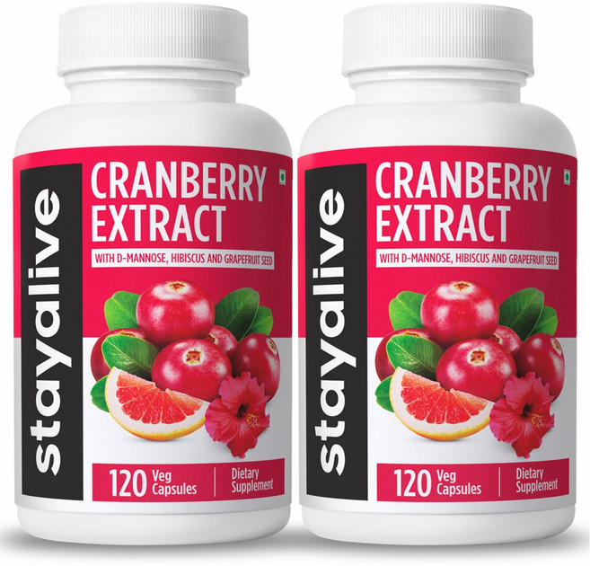 STAYALIVE 크랜베리 D-만노스 보충제 20900mg 50:1 슈퍼 추출물 요로 건강 및 면역 지원 히비스커스 및 자몽 씨앗이 함유된 트리플 포뮬러 여성 및 남성, 2개, 120정