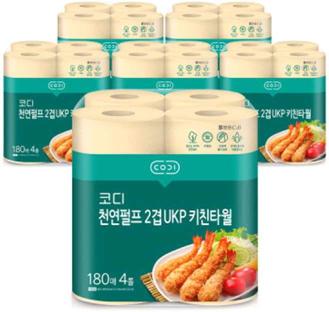 코디 천연펄프 2겹 UKP 키친타월 180매 4롤 6팩 총 24롤 / 무표백 음식전용 키친타월, 6개
