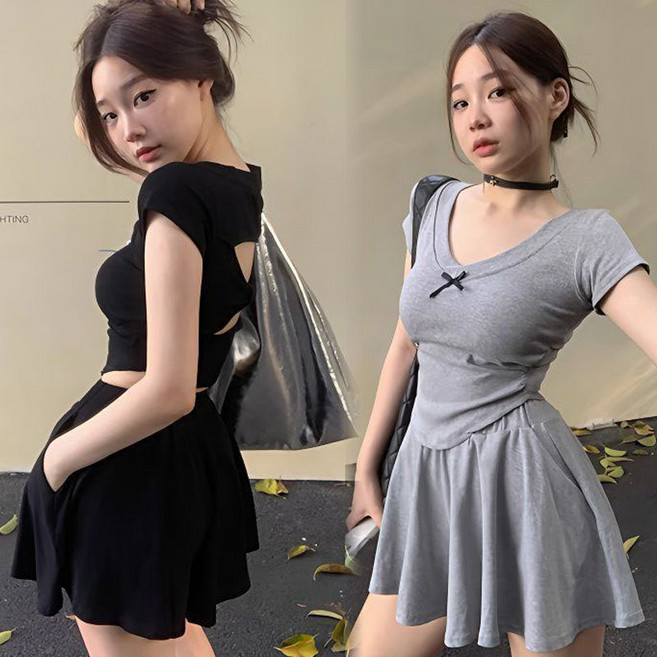 여성 뒷트임 슬림 브이넥 반팔 티셔츠 와이드 반팬츠 치마바지 투피스 세트