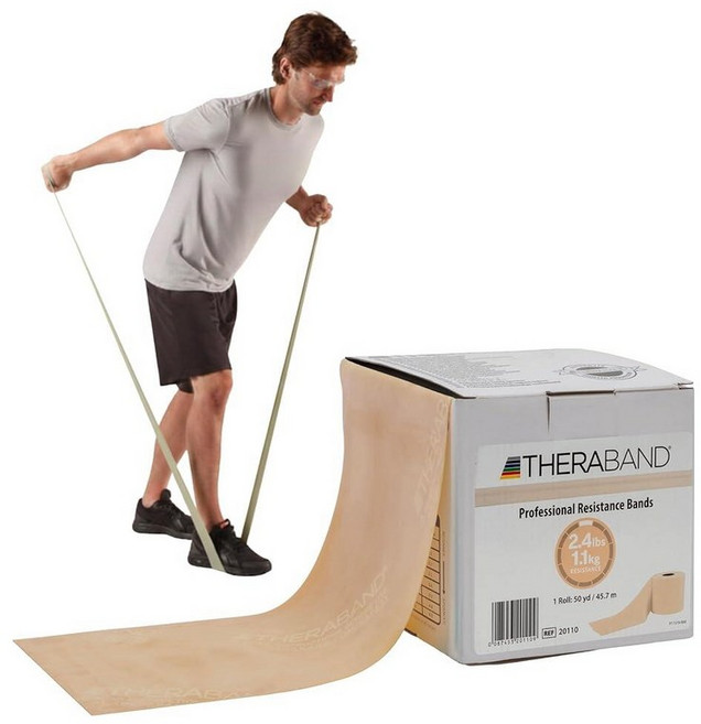 THERABAND 저항 밴드 45.2m(50야드) 롤 헤비 그린 논 라텍스 전문 탄성 밴드 상체 및 하체 운동 물리 치료 필라테스 및 재활용 디스펜서 박스 레벨 4, Latex, Tan | Extra Light