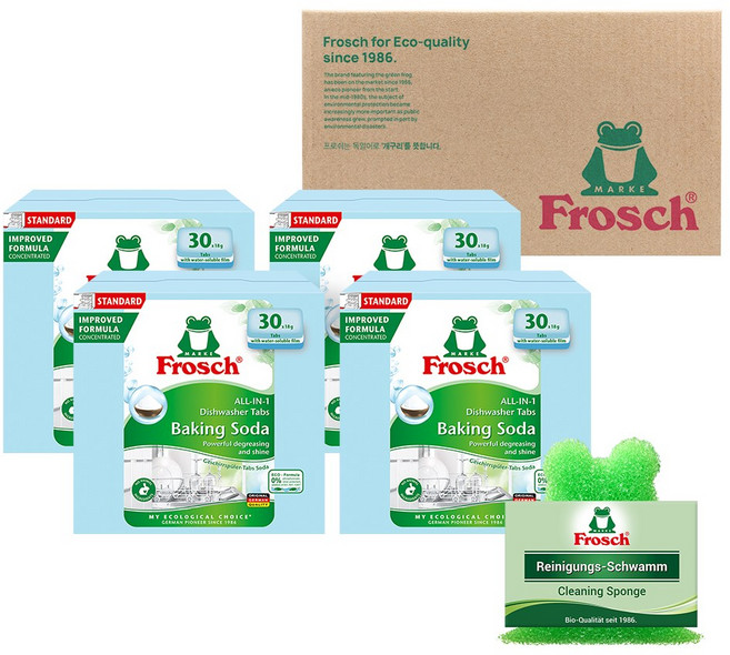 프로쉬 독일 식기세척기세제 그린레몬 30개입 4개 + 개구리수세미, 베이킹소다 4개 + 개구리수세미, 1개, 540g