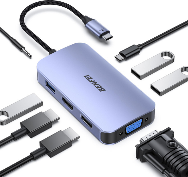 BENFEI USB C 8in1 Docking station MST VGA USB-C 3.0 100W PD 3.5mm iPhone 15 ProMax MacBook ProAir