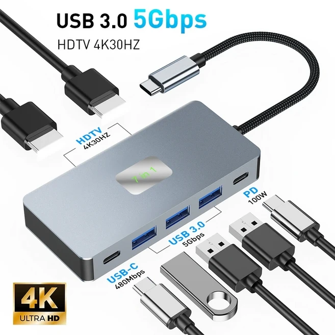 USB C 허브 듀얼 모니터 7-in-1 도킹 스테이션 2개의 HDTV 4K60Hz USB3.0 100W PD 맥북 델 서피스용, 02 7 in 1 Hub
