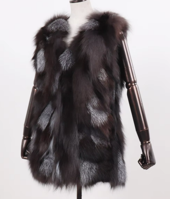 그레이 실버폭스 노카라 가죽벨트 골반기장 천연폭스 폭스 모피조끼 폭스퍼 베스트 여우털조끼 엉덩이기장