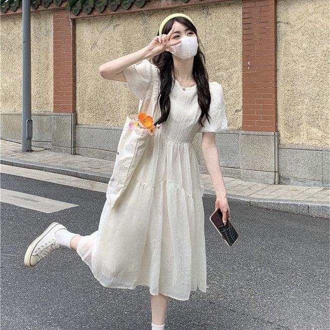 連衣裙 女 夏季 甜美洋裝 法式森系 溫柔風, 米杏色