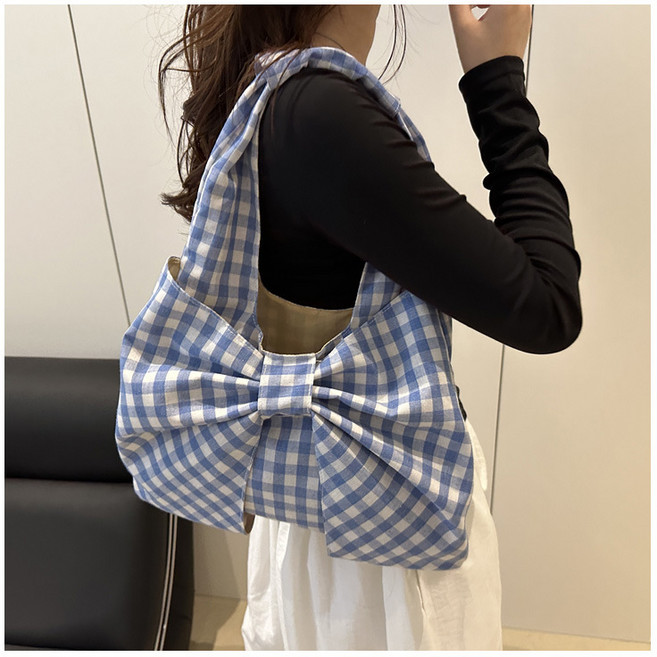 패브릭 깅엄 체크 리본 에코 숄더백