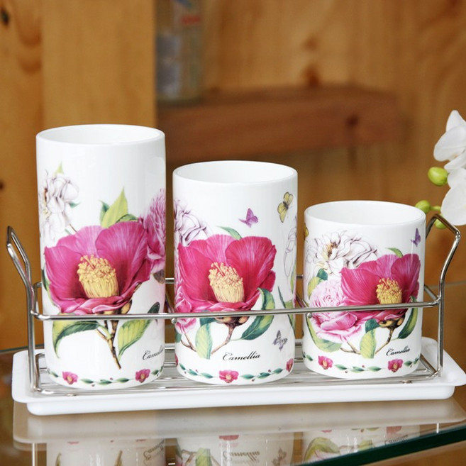 본차이나 까멜리아 물받이 수저통 수저꽂이 조리도구통, 화이트, 1세트