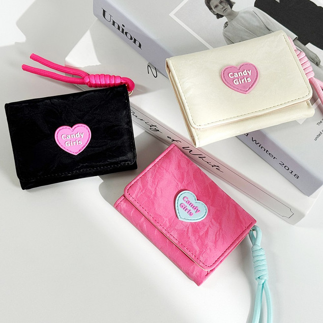 모던허니 여성 하트 마블 스트랩 3단 미니 학생 카드 지갑 반지갑