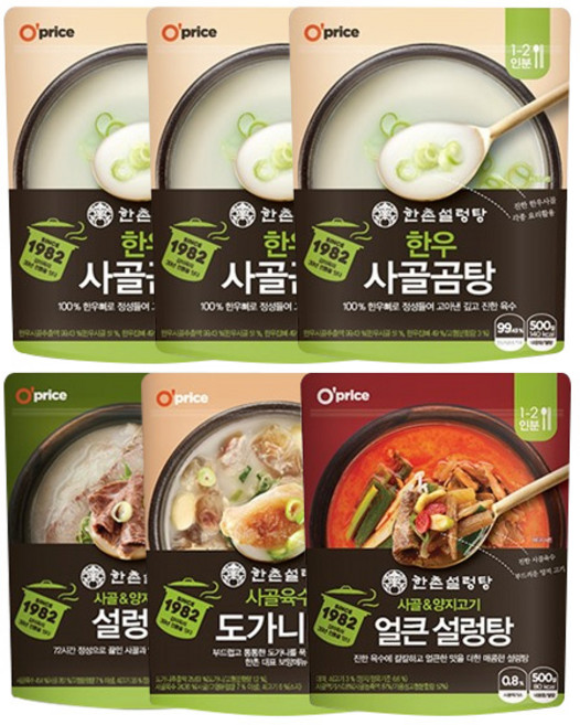 오프라이스 한촌 즉석국 500g 4종 한우사골 곰탕 3개+ 정통설렁탕 1개+도가니탕 1개+ 얼큰설렁탕 1개, 6개, 500ml