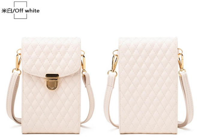 時尚菱格鏈條包 女士斜背包 小方包, 218手機斜背包-米白