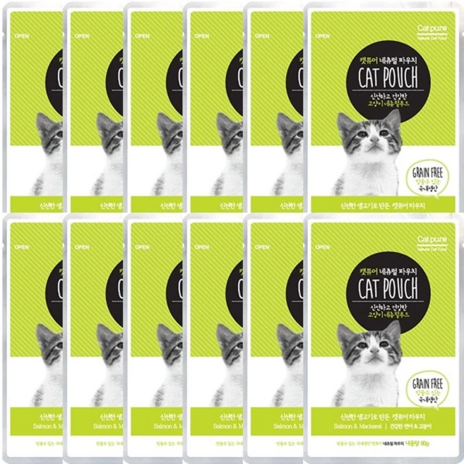 캣퓨어 내추럴 파우치 80gX12개 (연어+고등어), 12개 - 쿠팡