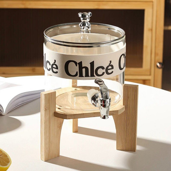 음료 워터 생수 디스펜서 카페 물 쥬스 커피 유리 물통 홈파티 업소용 수도꼭지 통, 1개, 2.6L (프레임  장식 수도꼭지 포함)