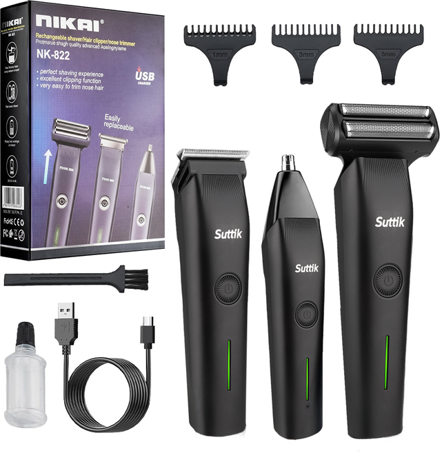 퀸코리 3in1 멀티 전기면도기 코털제거기 이발기 세트 USB충전 휴대용 남자 여행용 선물, 블랙