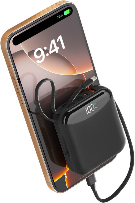 PIUJJA 일체형 QC3.0 PD 22.5W 대용량 고속충전 케이블 휴대용 미니 C타입 고속충전 보조배터리 10000mAh, 블랙