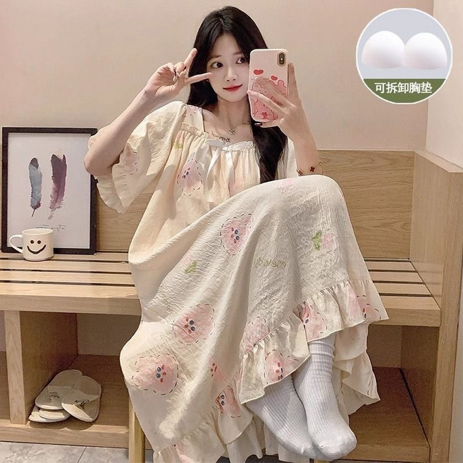 睡衣 帶胸墊 短袖寬鬆睡裙 可愛少女風