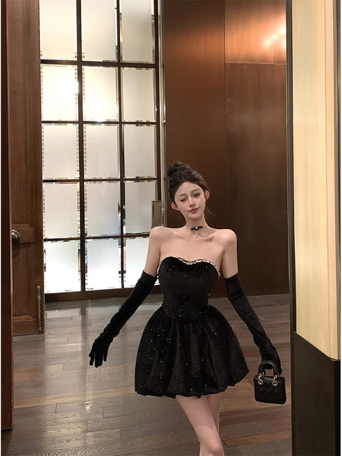 生日宴會晚禮服長裙 高階感party小禮服裙 赫本風洋裝抹胸連衣裙, 黑色連衣裙（不含手套）,L