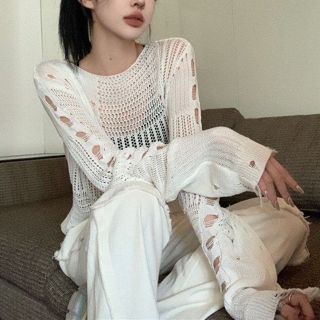 루비루 RB3134 루즈핏 스타일 펀칭 매쉬 시스루 긴팔 그물 니트