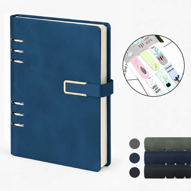 VEXLORA A5 6공 두꺼운 가죽 다이어리 비즈니스 업무용 루스 노트 휴대용 교체 내지 가능, 1개, 블루