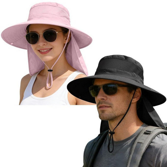 ZOORON Sun Hats for Men Women Outdoor UPF50+ Mesh Sun Hat Wide Brim Fishing Hat with Neck Flap Sun, 2, 2-블랙/핑크