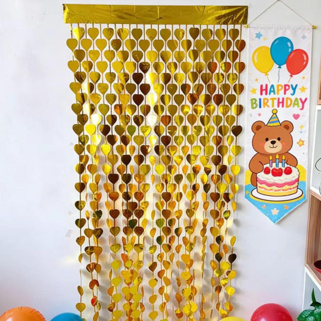 생일파티용품 반짝이 하트 파티 커튼 행운 장식, 1개, 골드