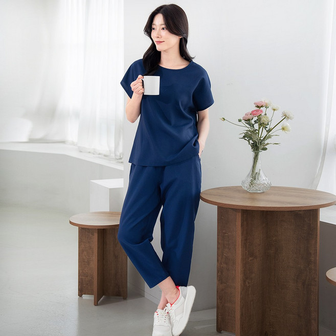 물론 국내생산 여성 풍기포인견 와플 반팔 9부바지 셋업