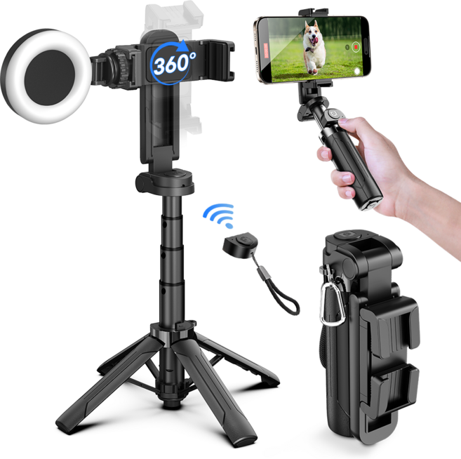 ACMEZING 무선 블루투스 휴대폰 미니 삼각대 사각대 셀카봉 핸드폰 삼각대 셀카봉 c타입 46cm M51, 블랙+보조조명등