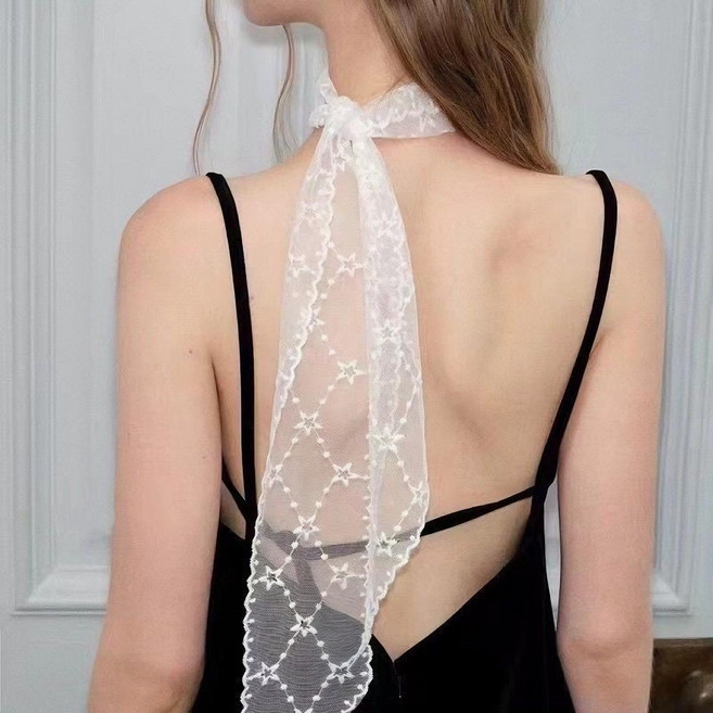 화이트 자수 플라워 시스루 롱 쁘띠 트윌리 레이스 스카프
