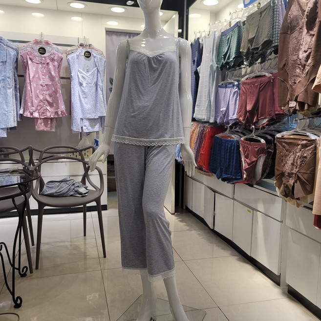 [쇼핑점] 비비안 부드러운 터치감 편안한 모달 멜란지 스판 여성 민소매 바지 홈웨어 세트 EZ1877T EZ1877P