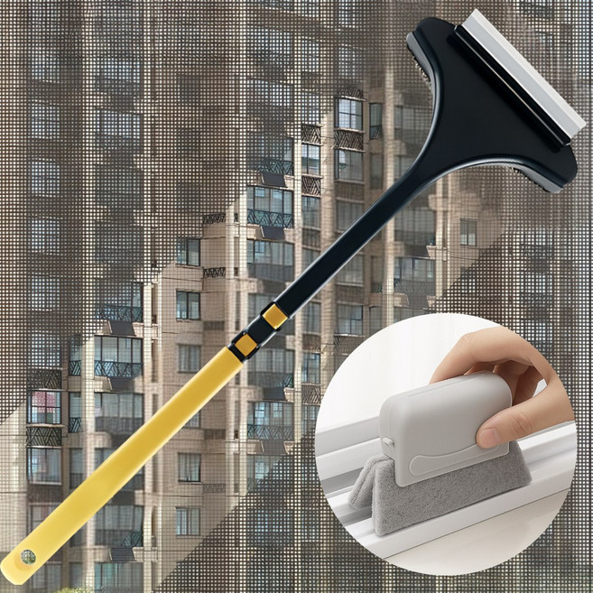 버니드업 올인원 방충망 청소솔 길이조절 창문 유리 스퀴지, 1개, 그린옐로우