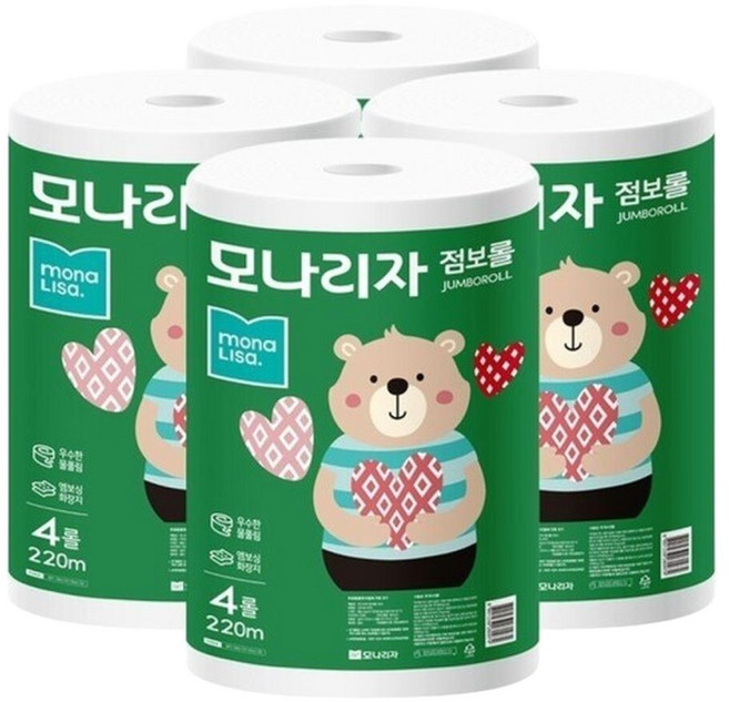 모나리자 점보롤 화장지 2겹 220m 4롤 4팩/점보롤/화장지/화장실/화장실화장지/점보롤화장지/천연화장지/엠, 4개