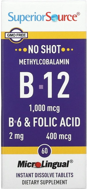 슈페리어쏘스 메틸코발라민 B-12 B-6 앤드 엽산 빠르게 용해되는 녹여먹는 60정, 1개 - 쿠팡
