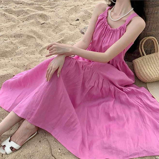 블랙루비스 롱 원피스 여름 바캉스 끈 나시 백 디테일 핑크 러브