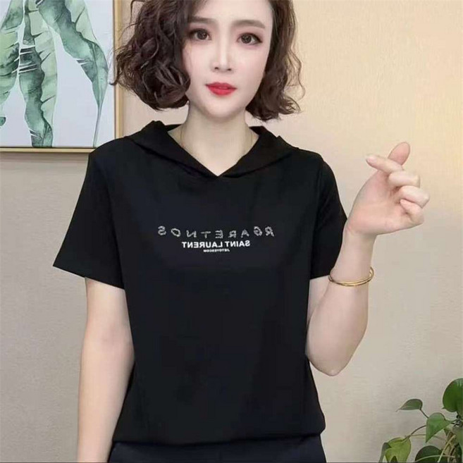 TKX 여성용 후드 반팔 티셔츠 캐주얼 루즈핏 면혼방 프린트 심플 데일리 기본 티 상의