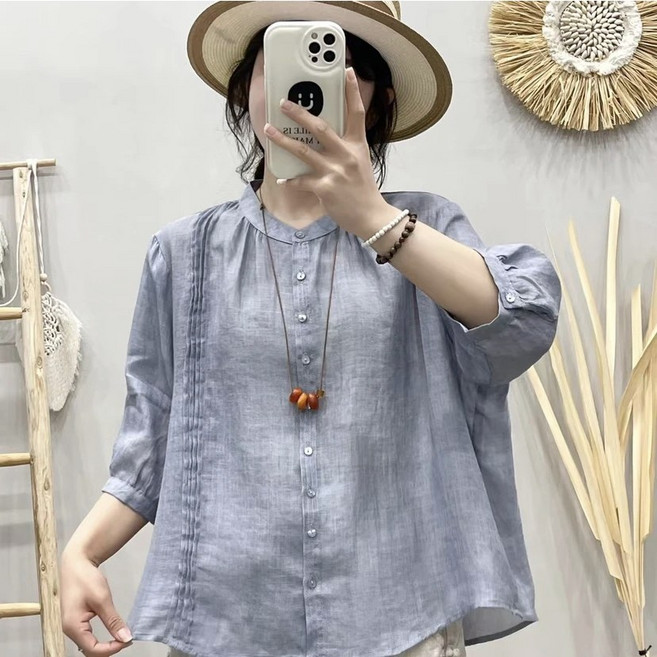 비아이와이 여성 여름 면마 루즈핏 라운드넥 7부소매 얇은 시원한 티셔츠 DH1312