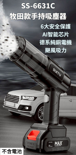 SUITU SS-6631C 牧田款手持吸塵器 6大安全保護 AI智能芯片 德系純銅電機 車家戶外多用途 (不含電池), 黑色