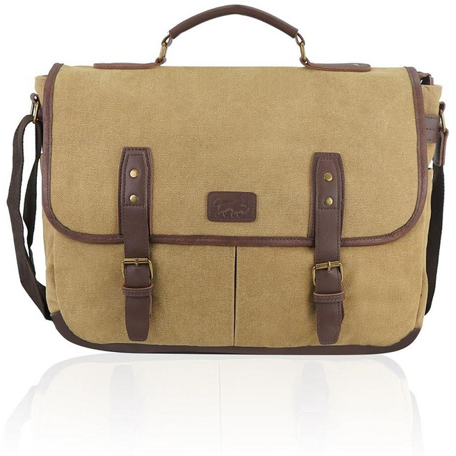 빈티지 남성용 메신저 백 노트북 서류 가방 - 직장 여행 및 비즈니스를 위한 캔버스 사첼백 - 조절 가능한 스트랩이 있는 멀티 포켓 크로스바디 백 - 남성을 위한 선물, 카키